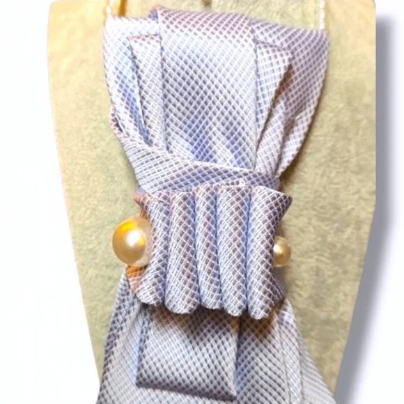 Decorative Light Blue And White Textured Fokded Cravat with Pearl Accents - Picture 2 of 8